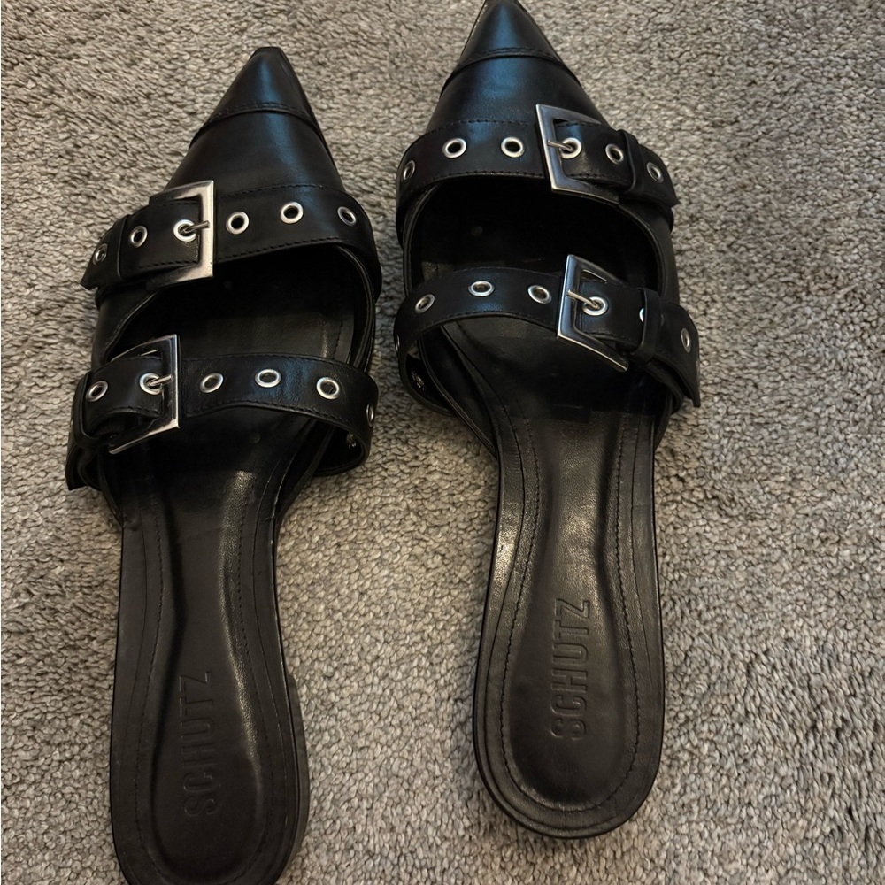 Schutz Black Leather Mules with Buckle Details